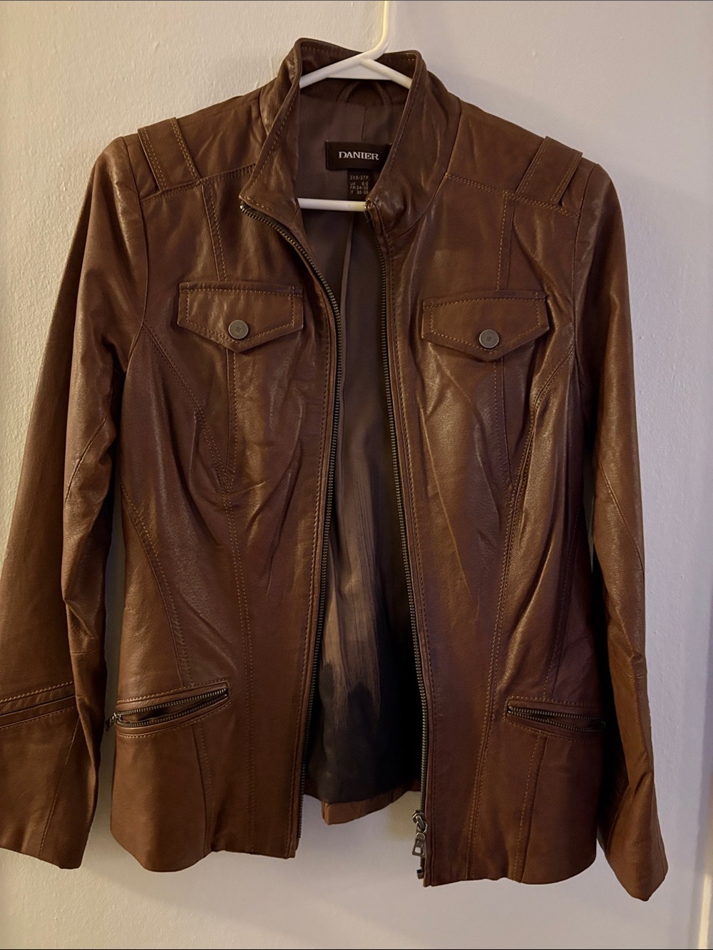 Danier Brown Slim-Fit Leather Jacket with Stand Collar